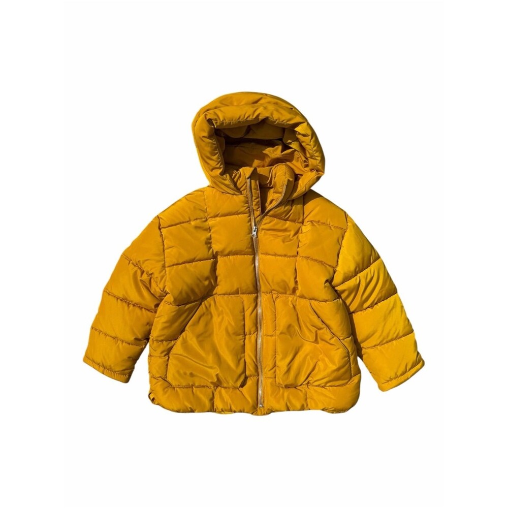 Zara Kids Puffer Jacket Size 9 134cm Mustard Yellow Hooded Winter Coat Quilted